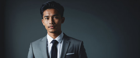 Confident businessman in gray suit posing against dark background.の素材