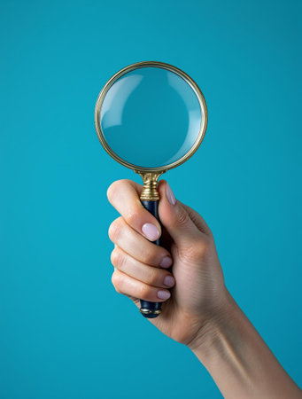 Hand holding magnifying glass on blue background for focus and discovery themes.の素材
