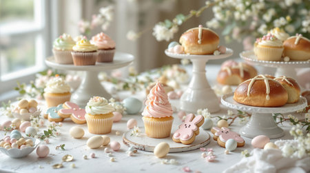 Springtime desserts: cupcakes, pastel eggs, and bunny cookies in floral setting.の素材