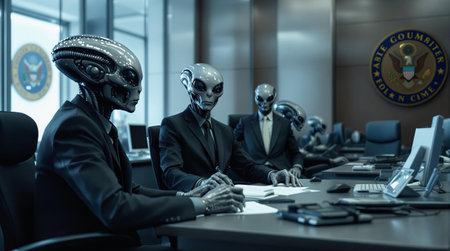 Futuristic meeting: robots and aliens collaborate in a modern office environment.の素材