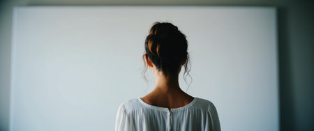 Woman contemplating a blank canvas in minimalist room.の素材