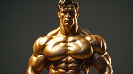 Golden muscular sculpture of a strong man with chiseled physique.の素材