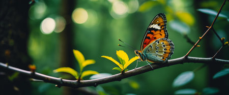 Vibrant butterfly resting on a branch in a lush green forest.の素材