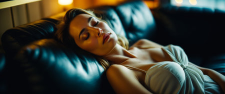 Peaceful woman sleeping on leather sofa in cozy ambient lighting.の素材