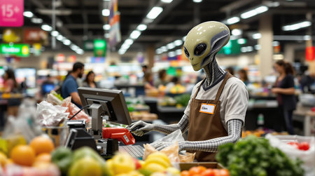 Alien grocery store clerk at checkout counter in a busy supermarket.の素材