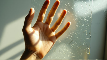 Close-up of hand touching textured glass surface with sunlight.の素材