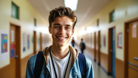 Smiling teen in school hallway: capturing youth and education vibes.の素材