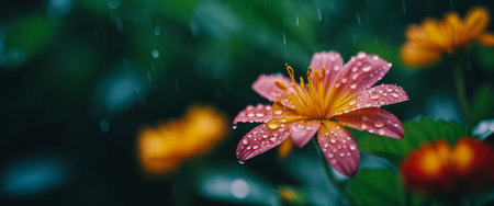 Vibrant pink daisy in rain reflecting nature's serenity amidst lush greenery and dewy petals.の素材