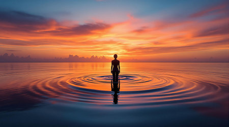 Serene silhouette at sunset: tranquil ocean reflections and vibrant horizon colors.の素材