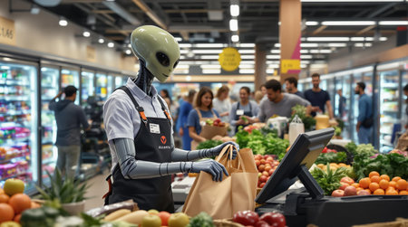 Ai robot grocer assisting customers in modern supermarket environment.の素材