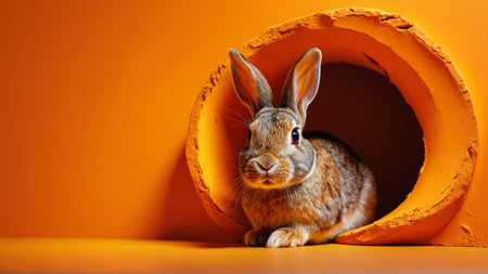 Adorable bunny in orange tunnel: bright and playful rabbit portrait.の素材