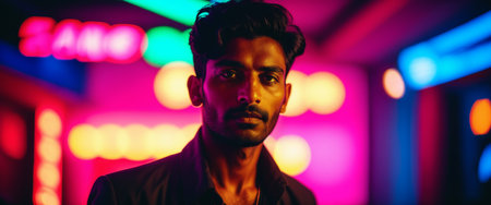 Moody portrait in neon light setting with intense expression.の素材