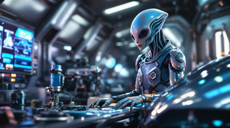 Futuristic alien pilot navigating advanced spaceship controls in sci-fi setting.の素材
