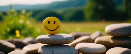 Smiley face on stack of stones in tranquil nature setting.の素材