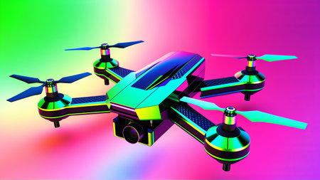 Futuristic neon drone against vibrant gradient background.の素材