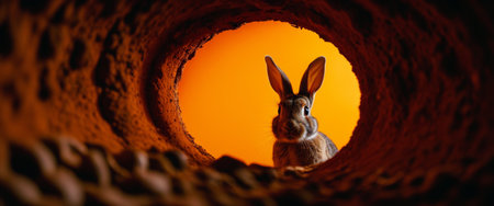 Curious rabbit peeking through a tunnel against vivid orange backdrop.の素材