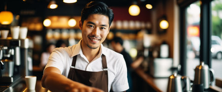 Friendly barista in a coffee shop serving customers with a smile.の素材