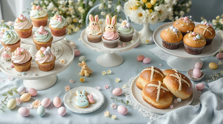 Delightful easter dessert spread with cupcakes and hot cross buns on a festive table.の素材