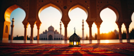 Sunset lantern and arches framing mosque - a tranquil moment.の素材