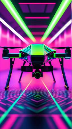 Futuristic neon drone in vibrant cyberpunk environment.の素材