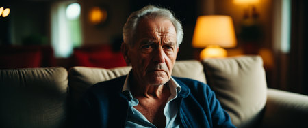 Elderly man relaxing on a cozy sofa in a warmly lit living room.の素材