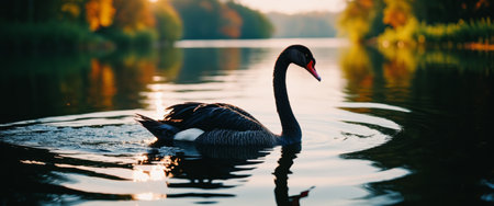 Graceful black swan gliding on tranquil lake at sunset surrounded by autumn foliage.の素材