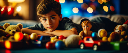 Thoughtful young boy relaxing amidst colorful toys and soft lighting.の素材