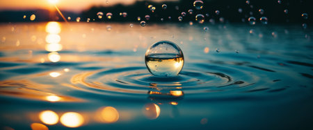 Floating water droplet over lake at sunset with ripple effects.の素材