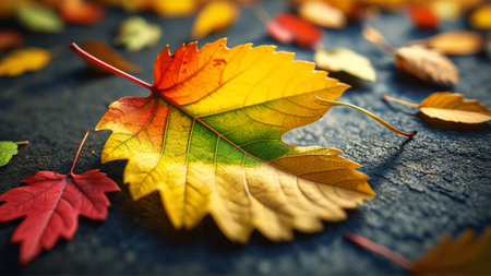 Vibrant autumn leaf close-up on textured surface.の素材