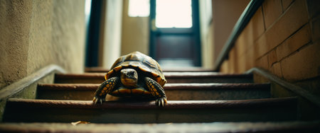 Tortoise navigating stairs indoors: a journey of patience and curiosity.の素材