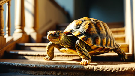 Turtle on sunlit steps: serenity and warmth in nature's slow pace.の素材