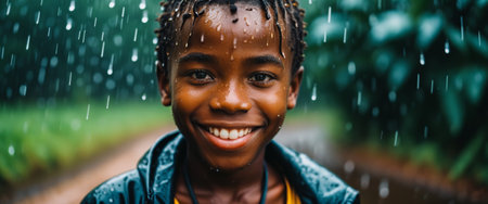Joyful child embracing rain outdoors with bright smile and nature background.の素材