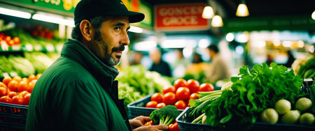 Man shopping for fresh vegetables in vibrant grocery market setting.の素材