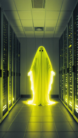 Eerie glow of a ghostly figure in a high-tech data center.の素材