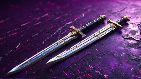Elegant medieval swords on purple textured surface with intricate gold detailing.の素材