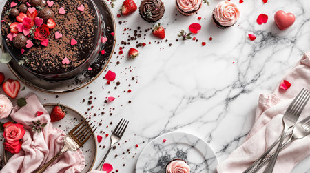 Romantic dessert arrangement with chocolate cake and strawberry cupcakes on marble table.の素材