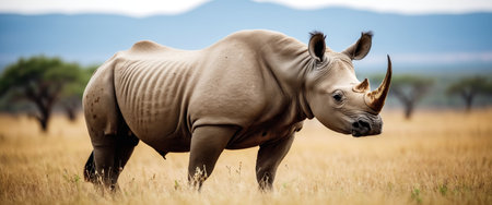 Majestic rhino grazing in the african savanna with rolling hills in the background.の素材