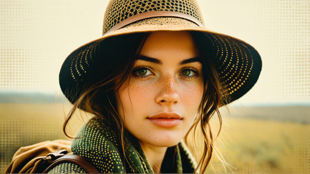 Young woman with freckles wearing hat in nature.の素材