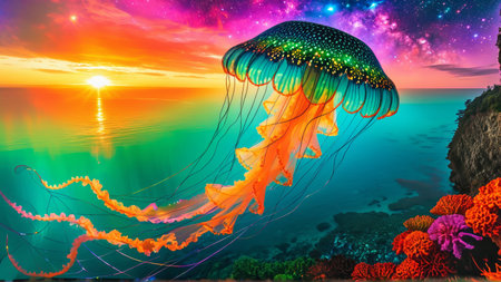 Vibrant jellyfish against a stunning sunset and cosmic sky.の素材