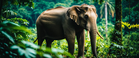 Majestic elephant in lush tropical jungle environment.の素材