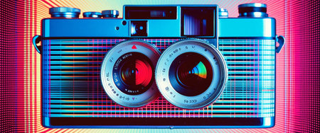 Retro camera with colorful stripes and dual lenses in a vibrant abstract design.の素材