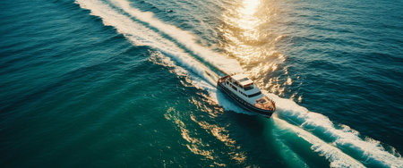 Luxurious yacht cruising in golden sunlight on scenic ocean.の素材