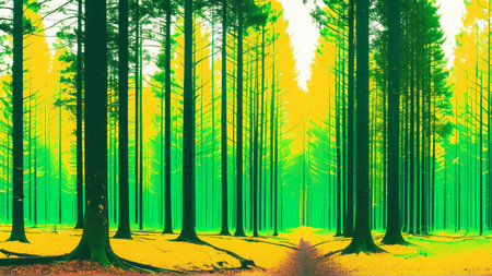 Vibrant forest with sunlit path and tall green trees under bright yellow sky.の素材