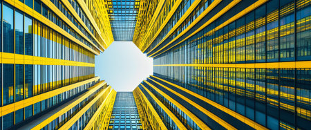 Contemporary architecture: symmetrical skyscrapers against a clear sky from a unique perspective.の素材