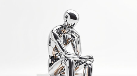 Reflective metallic robot in thought pose: modern technology concept.の素材