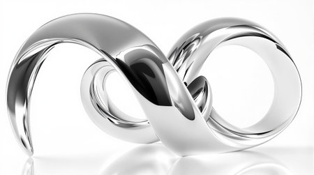 Abstract curved metal sculpture with reflective surface on white background.の素材