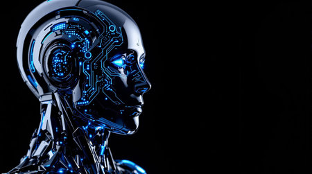 Futuristic robotic ai with digital circuitry in dark lighting.の素材