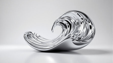 Abstract chrome wave sculpture on minimalist white background.の素材