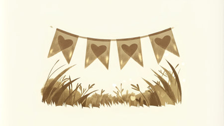 Vintage heart bunting in rustic field setting.の素材