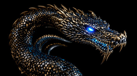Futuristic metallic dragon with glowing blue eyes on black background.の素材